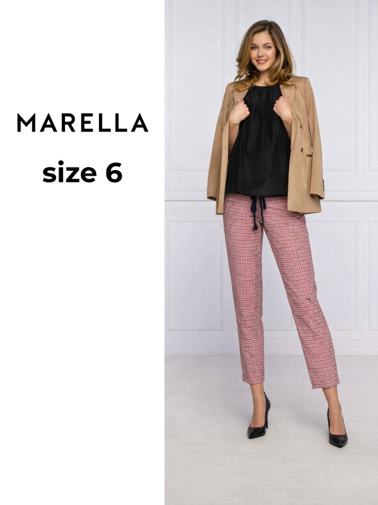 Super Cute! Marella Red Gingham Trousers With Navy Drawstring Trim